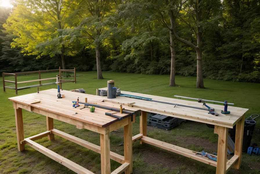 Close-up of a heavy duty workbench frame next to printed woodworking plans and a cut list