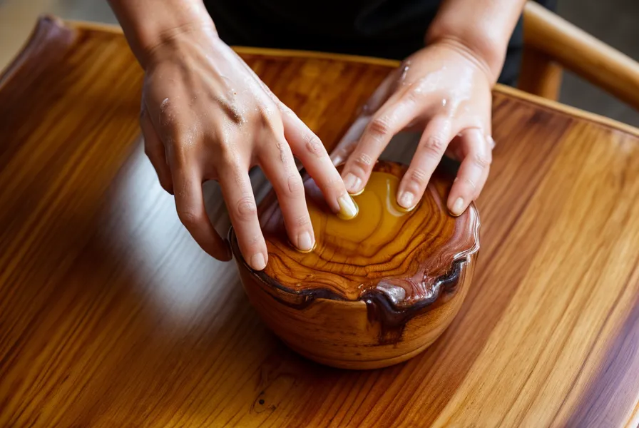 Brushing linseed oil finish onto a finished DIY cedar side table for the porch