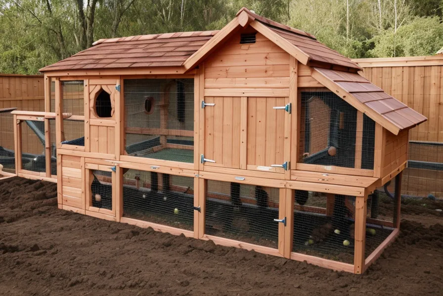 The wooden frame of a chicken coop being built in muddy red clay.