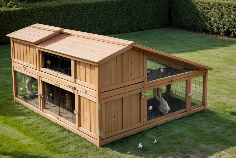 A completed DIY rabbit hutch leveled with pavers on a sloped backyard lawn.