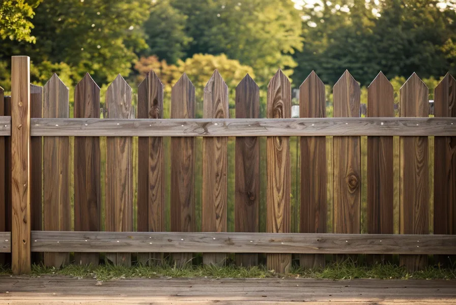 A wood picket fence installed using the stepping method on a backyard slope.