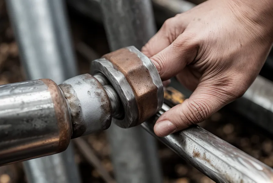 Hammering a galvanized nail into a pressure-treated wooden beam.