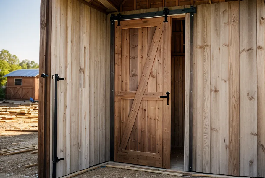 Close-up of a DIY wooden shed project with tools and sawdust.
