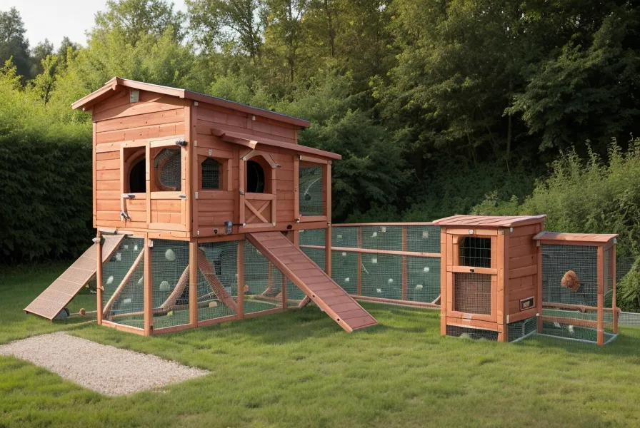 A DIY wooden chicken coop built on red clay soil in a rural backyard.