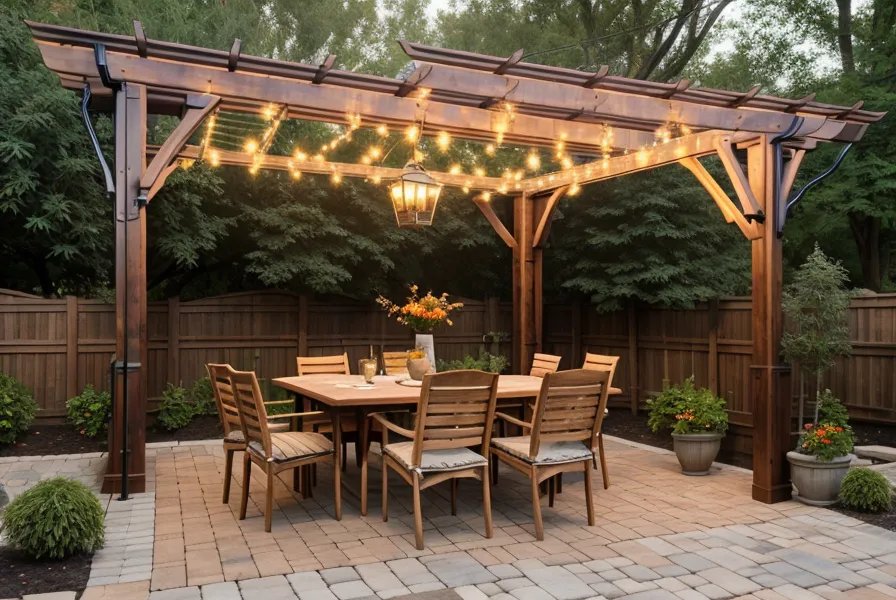 A finished DIY wooden pergola with string lights in a backyard setting.