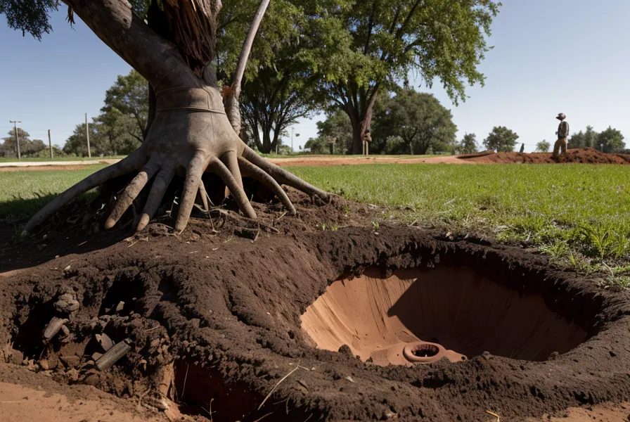 Post hole digger and red clay soil with a tree root obstruction