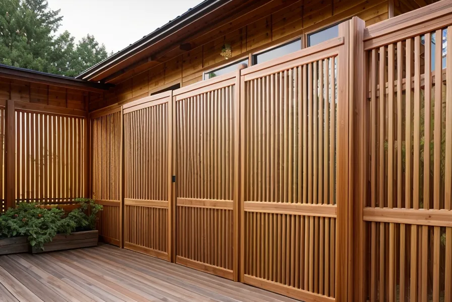 Finished wooden privacy screen with sunset light filtering through the slats