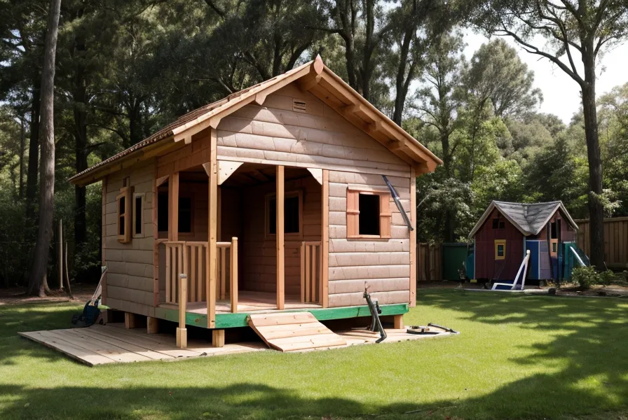 The internal roof rafters and ridge beam of a DIY wooden playhouse.