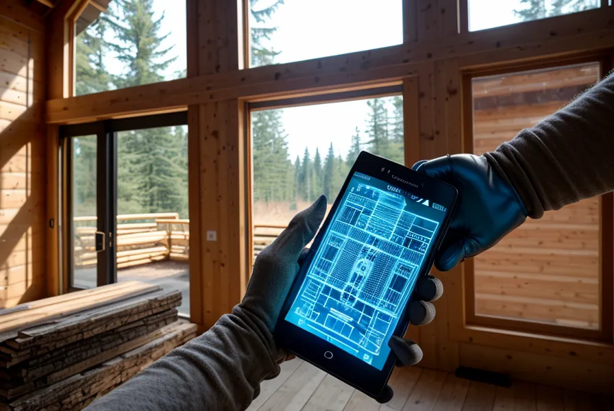 Person looking at digital shed plans on a smartphone at a construction site