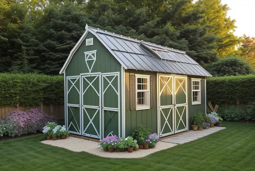 The completed DIY 10x12 garden shed with a gambrel roof and fresh paint