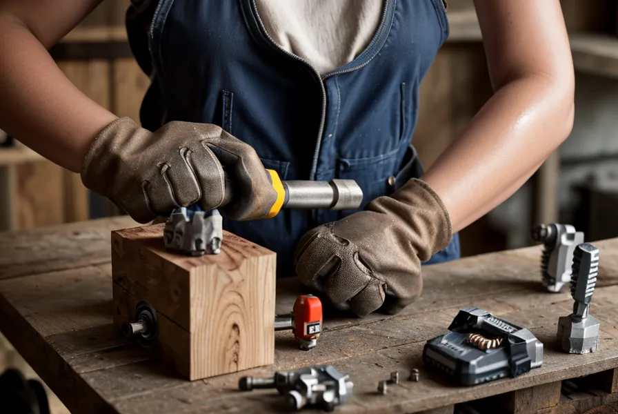 Installing a galvanized joist hanger on a deck frame with an impact driver.