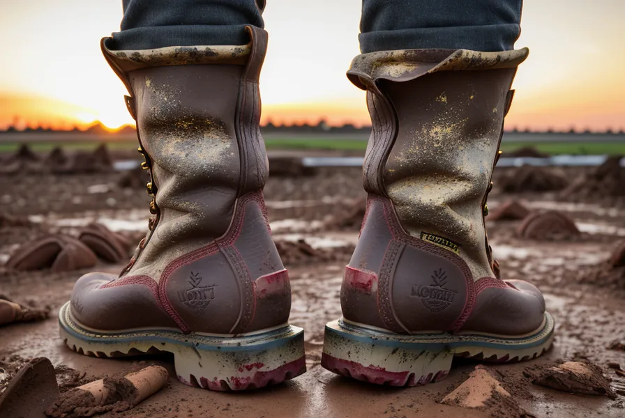 Work boots covered in red clay next to DIY building materials.