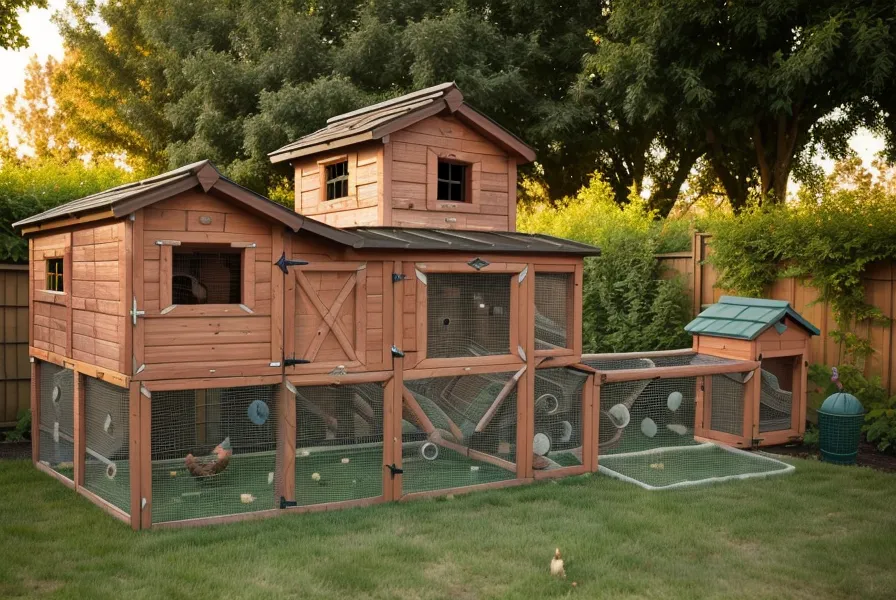 A finished DIY chicken coop and raised garden beds in a backyard.