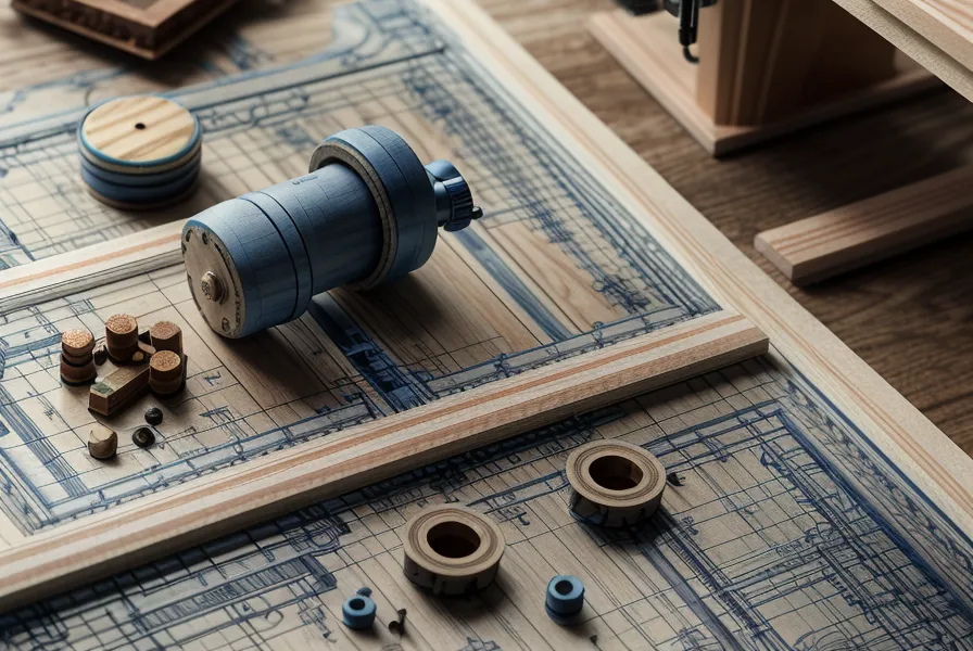 Detailed woodworking plans on a workbench with a tape measure and sawdust.