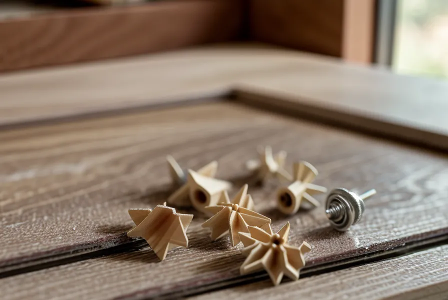 A printed woodworking plan and screws on a wooden workbench.